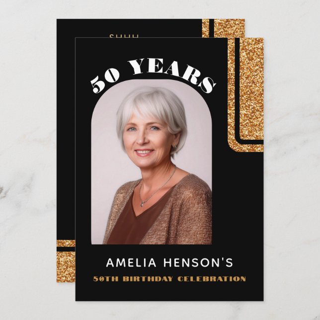 Elegant Black Gold Glitter Photo 50th Birthday Invitation (Front/Back)