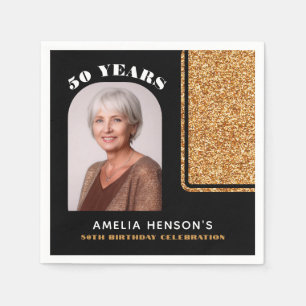 Elegant Black Gold Glitter Photo 50th Birthday Napkin