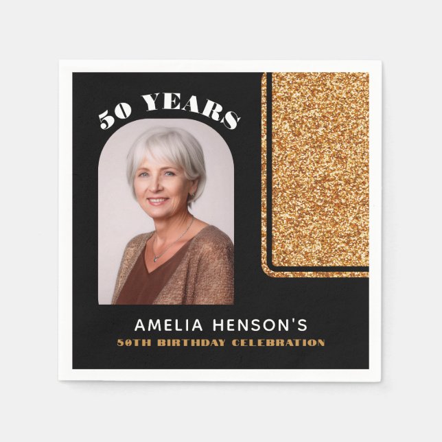Elegant Black Gold Glitter Photo 50th Birthday  Napkin (Front)