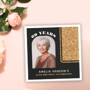 Elegant Black Gold Glitter Photo 60th Birthday  Napkin