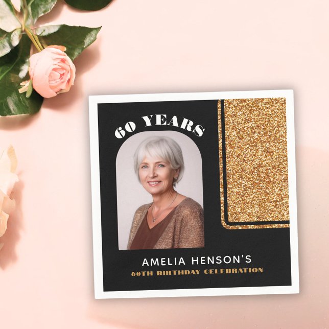 Elegant Black Gold Glitter Photo 60th Birthday  Napkin (Creator Uploaded)