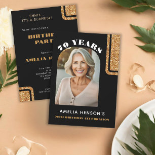 Elegant Black Gold Glitter Photo 70th Birthday Invitation