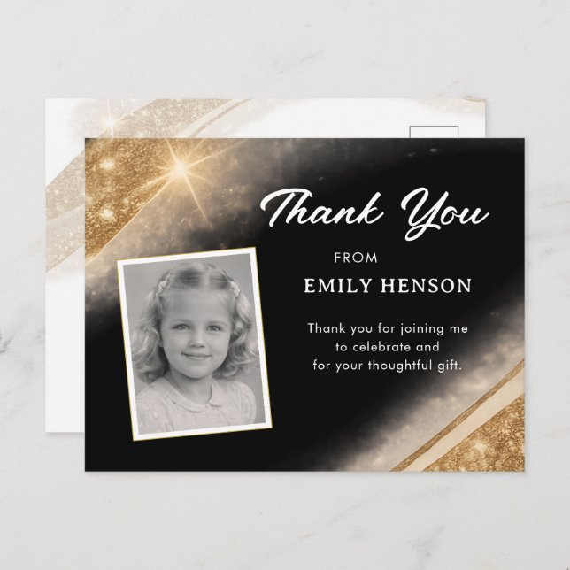 Elegant Black Gold Glitter Photo Birthday Postcard (Front/Back)