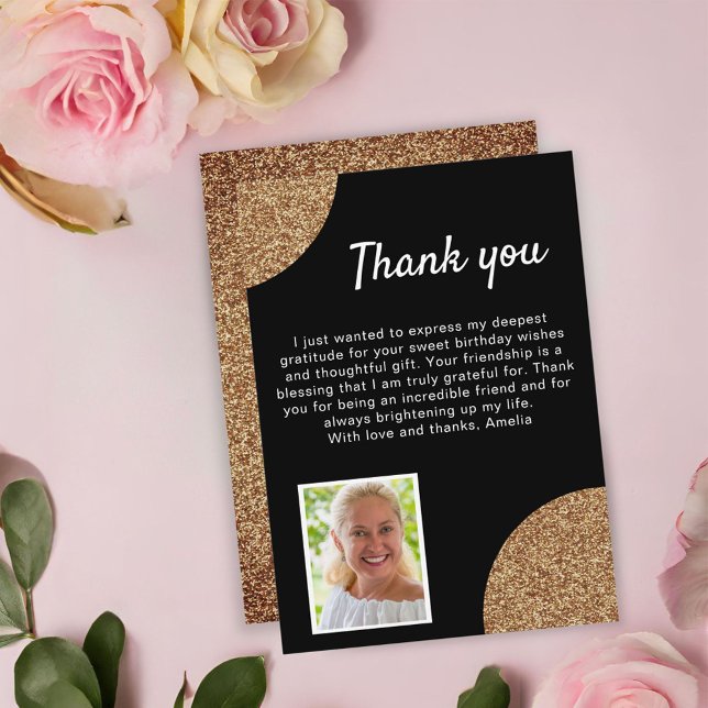 Elegant Black Gold Glitter Photo Birthday Thank You Card (Creator Uploaded)