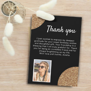 Elegant Black Gold Glitter Photo Birthday Thank You Card