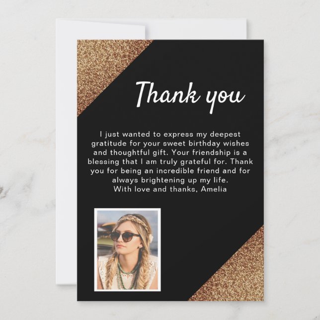 Elegant Black Gold Glitter Photo Birthday Thank You Card (Front)