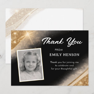 Elegant Black Gold Glitter Photo Birthday Thank You Card