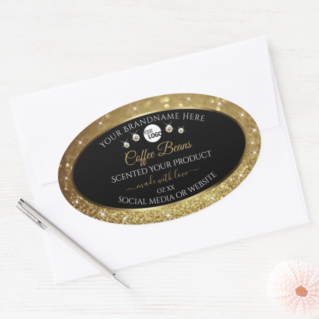 Elegant Black Gold Glitter Product Label with Logo (Envelope)