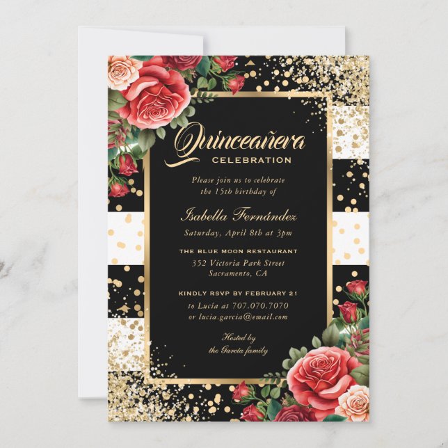 Elegant Black Gold Glitter Red Floral Quinceañera Invitation (Front)
