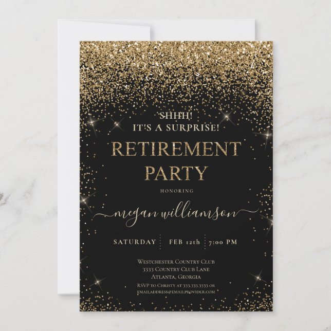 Elegant Black Gold Glitter Retirement Party Invitation (Front)