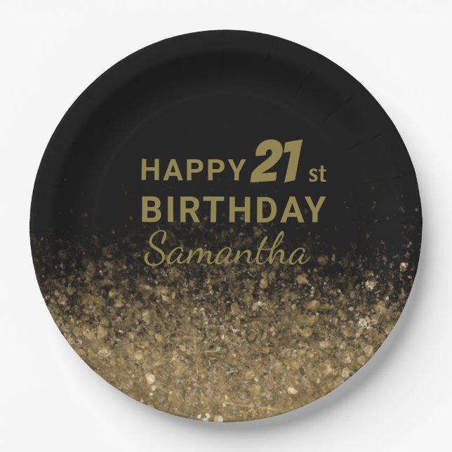Elegant Black & Gold Glitter Sparkle Birthday Pape Paper Plate (Front)