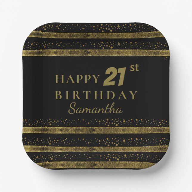 Elegant Black & Gold Glitter Sparkle Birthday Paper Plate (Front)