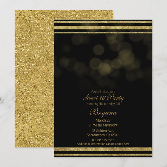 Elegant Black Gold Glitter Sparkle Sweet 16 Party Invitation (Front/Back)