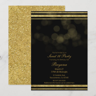 Elegant Black Gold Glitter Sparkle Sweet 16 Party Invitation