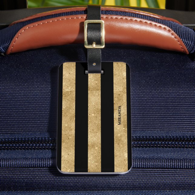 Elegant Black Gold Glitter Striped Luggage Tag (Front Insitu 2)