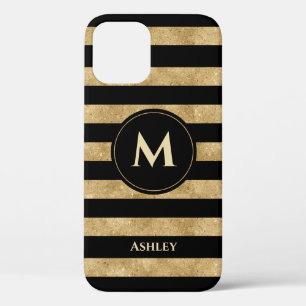 Elegant Black Gold Glitter Striped Monogram iPhone 12 Case