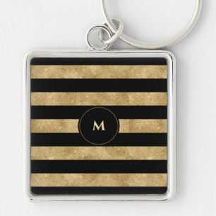 Elegant Black Gold Glitter Striped Monogram Key Ring