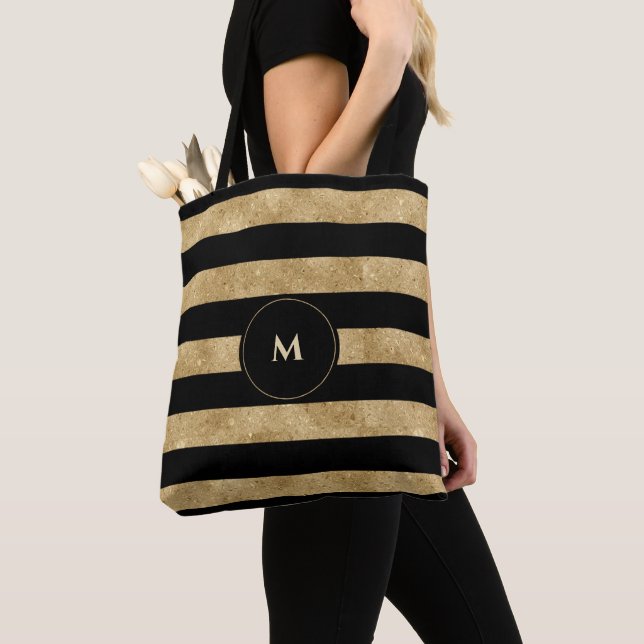 Elegant Black Gold Glitter Striped Monogram Tote Bag (Close Up)