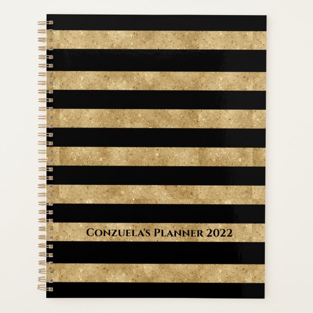 Elegant Black Gold Glitter Striped Planner (Front)