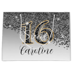 Elegant Black & Gold Glitter Sweet 16 Birthday Large Gift Bag