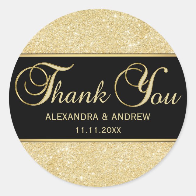 Elegant Black Gold Glitter Thank You Classic Round Sticker (Front)