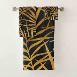 Elegant Black Gold Glitter Tropical Palm Leaf Bath Towel Set