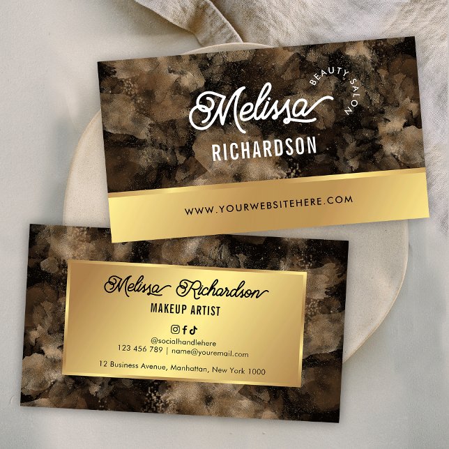 Elegant Black & Gold Glitter Watercolor Beauty Spa Business Card (Stand out with these stylish black and faux gold glitter business cards)