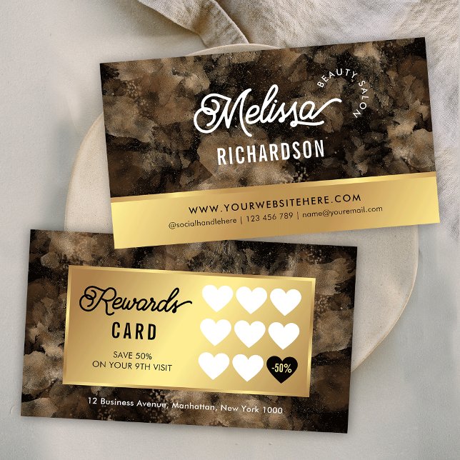 Elegant Black & Gold Glitter Watercolor Beauty Spa Loyalty Card (Glam black and gold glitter watercolor effect beauty salon loyalty cards with trendy script fonts)
