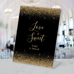 Elegant Black Gold Glitter Wedding Love Is Sweet Pedestal Sign
