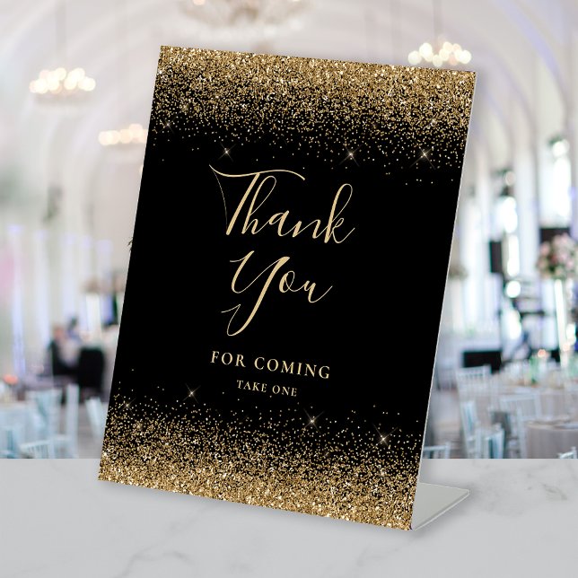 Elegant Black Gold Glitter Wedding Thank You Pedestal Sign (Creator Uploaded)