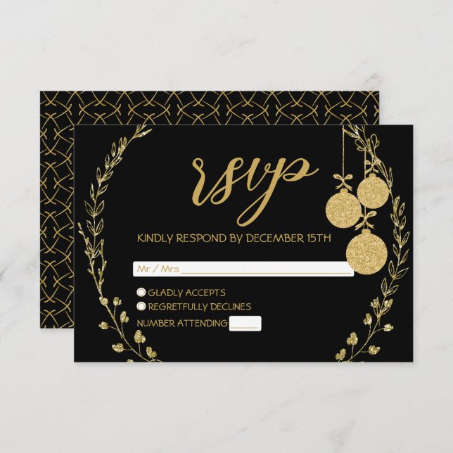 Elegant Black Gold Glitter Wreath Christmas Party RSVP Card (Front/Back)