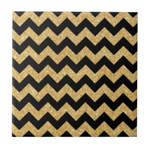 Elegant Black Gold Glitter Zigzag Chevron Pattern Tile