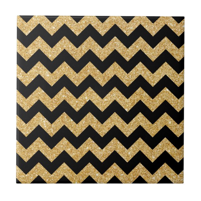 Elegant Black Gold Glitter Zigzag Chevron Pattern Tile (Front)