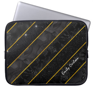 Elegant black gold glittery geometric laptop sleeve
