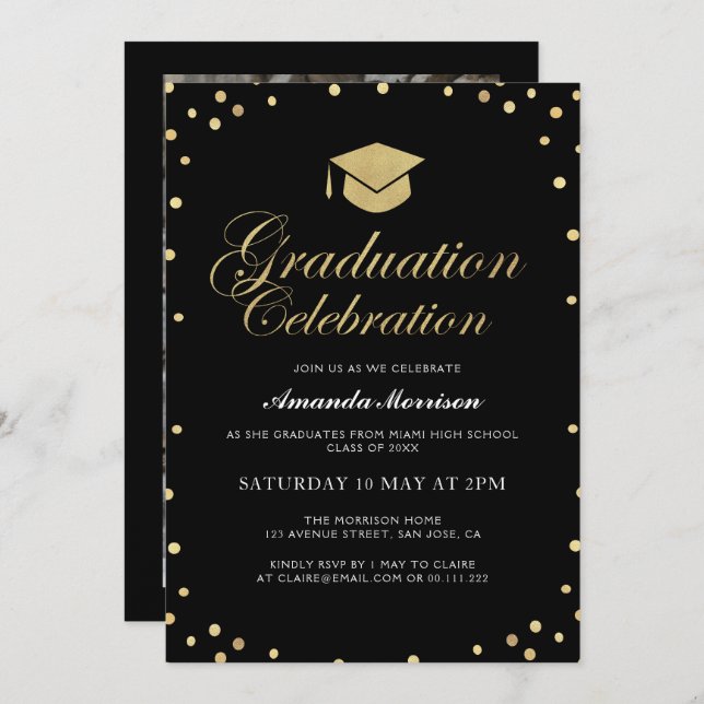 Elegant black & gold grad party invitation (Front/Back)