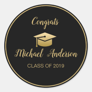 Elegant Black   Gold Graduate Cap Graduation Class Classic Round Sticker