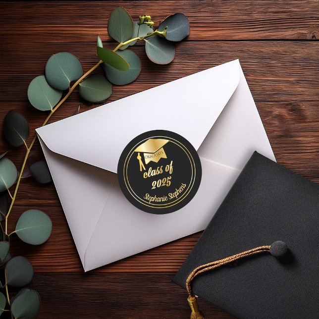 Elegant Black | Gold Graduate Cap Graduation Classic Round Sticker (Elegant Black and Gold Tone Grad Cap Graduation Class of 2025 Classic Round Stickers)