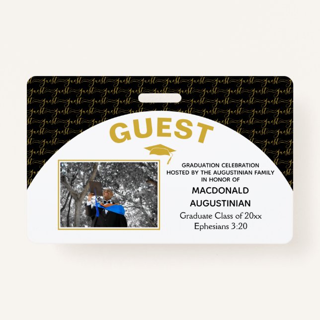 Elegant Black Gold Graduate Guest ID Badge (Front)
