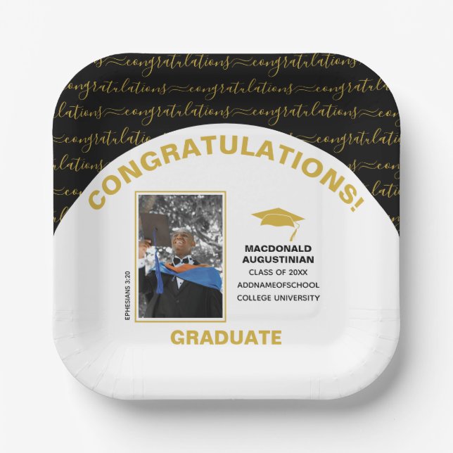 Elegant Black Gold Graduate Photo Paper Plate (Front)
