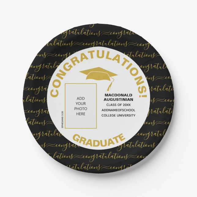 Elegant Black Gold Graduate Photo Paper Plates (Front)