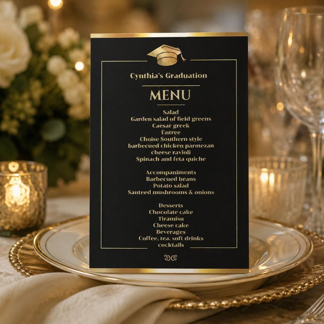 Elegant Black & Gold Graduation Dinner Menu Invitation (#menuinvitation #menugraduationinvitation #graduationblackgoldinvitation #goldcapgraduation #modern)