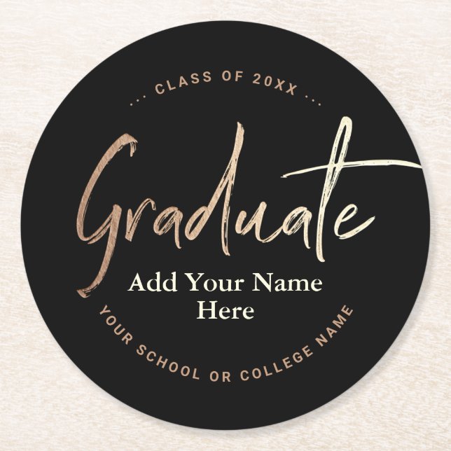 Elegant Black Gold Graduation Party Round Paper Coaster (Front)