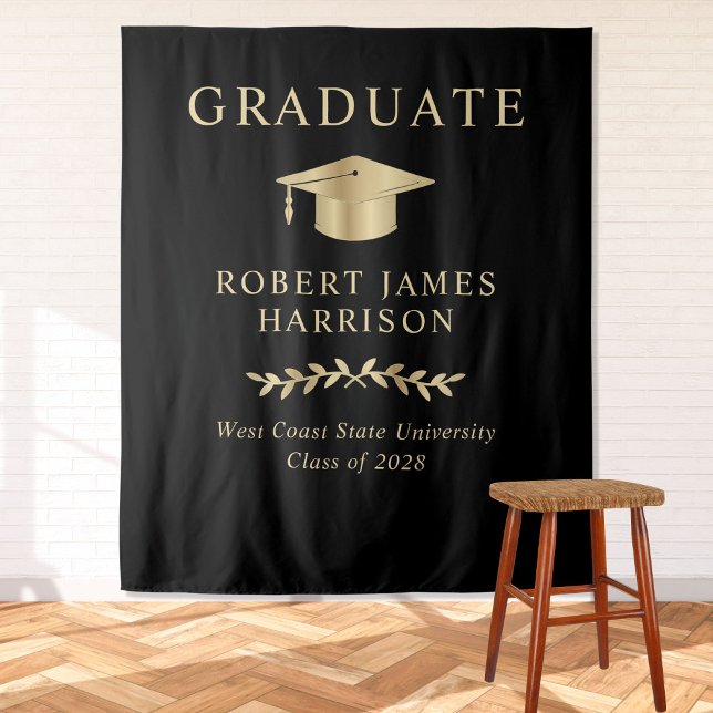 Elegant Black Gold Graduation Party Welcome Tapestry (Creator Uploaded)