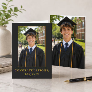 Elegant Black Gold Graduation Photo Card