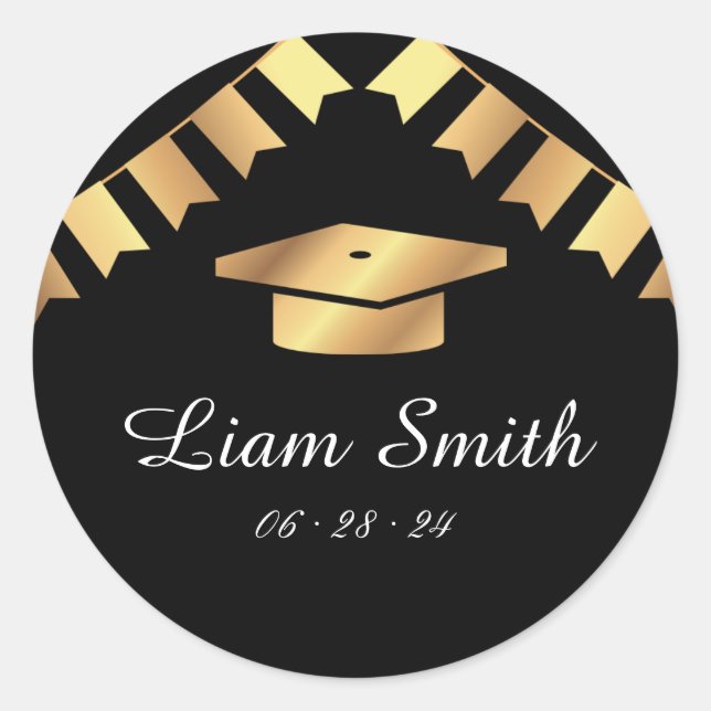 Elegant Black, Gold Graduation Round Stickers Set (Front)