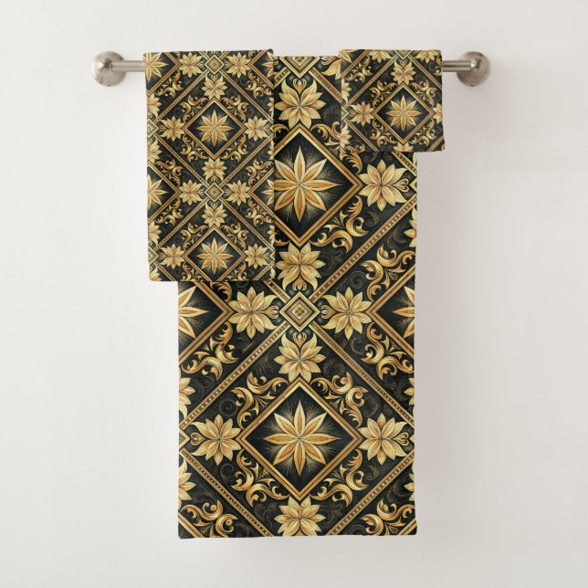 Elegant black gold gray tiled pattern  bath towel set (Insitu)