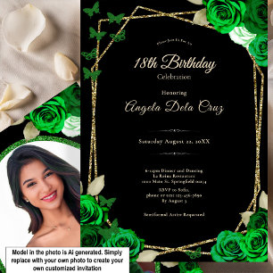 Elegant Black Gold Green Rose 18th Birthday Debut  Invitation