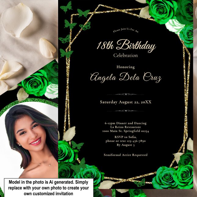 Elegant Black Gold Green Rose 18th Birthday Debut  Invitation (Creator Uploaded)