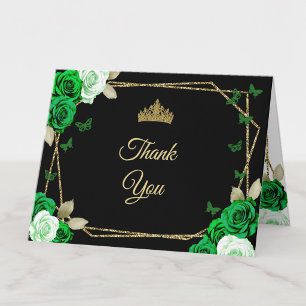 Elegant Black Gold Green Roses Quinceanera Thank You Card