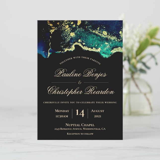 Elegant Black Gold Green Wedding Invitation (Standing Front)